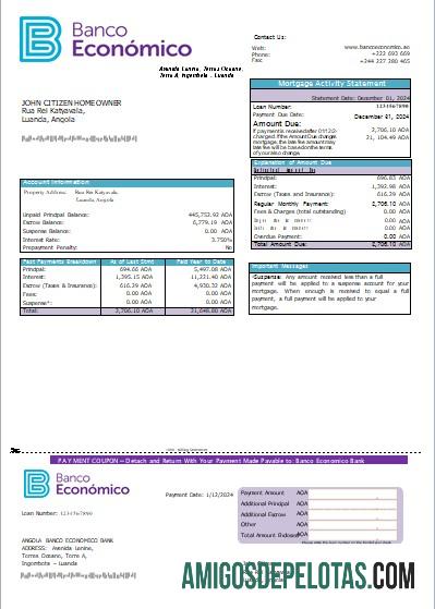 Angola Banco Economico Bank Mortgage Statement Scr exemplo